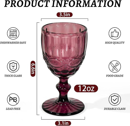 Vintage Wine Glasses Set of 6, 12 OZ Colored Glass Water Goblets, Embossed Floral Decorative Crystal Glass Cups Set, Dishwasher Safe, for Wedding, Party, Red Wine Glass, Bars, Restaurants