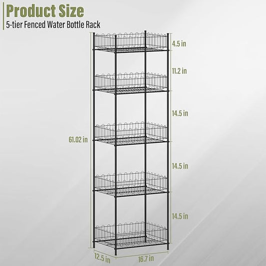 Vrisa 5 Tier Water Bottle Organizer Stand Fenced Freestanding Water Bottle Holder Metal Soft Drink Beverage Soda Can Storage Rack for Pantry, Kitchen, Home Party, Classroom
