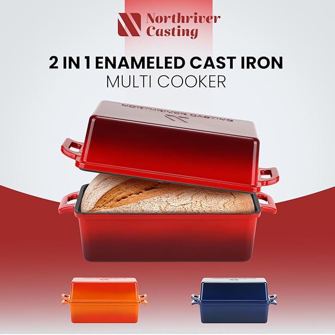 9x5 Inch Enameled Cast Iron Loaf Pan with Lid, Perfect Bread Baking Pan | Even Heat Distribution for Homemade Bread, Cake, Meatloaf,2 Piece set,Red