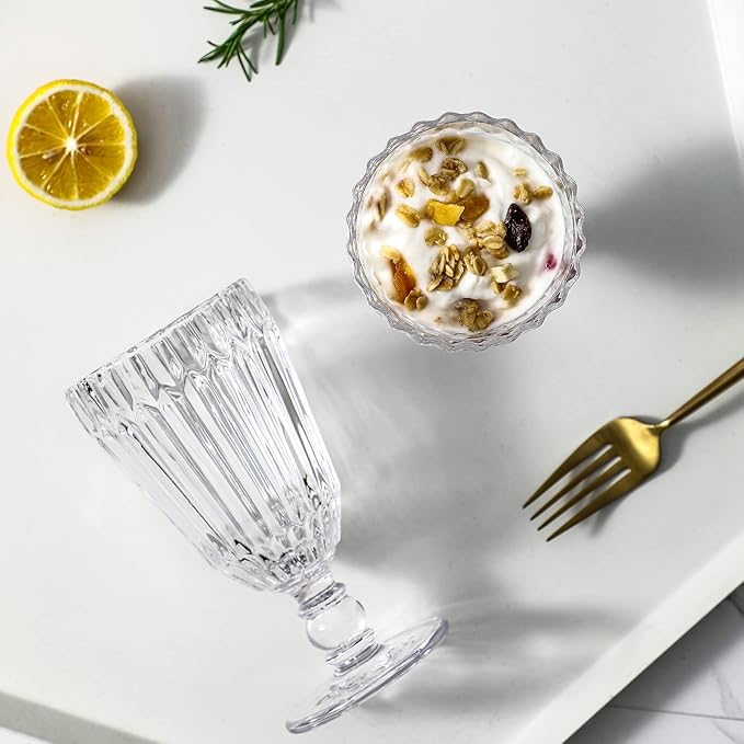 Vintage Embossed Glass Chalice Goblets ๐ด.๐ด ๐ค๐ฏ. Set of 6 Clear Stemmed Drinking Glassware for Iced-tea, Juice, Cocktail, Beverage for Wedding and Party.