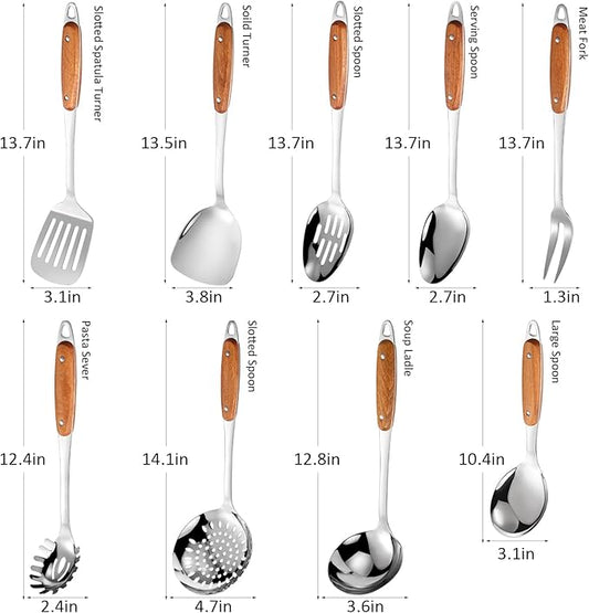 304 Stainless Steel Cooking Utensils Set,9PCS Metal Kitchen Utensils Set with Wooden Handle,Solid Spoon,Spatula,Ladle,Skimmer Spoon,Spaghetti Spoon,Dishwasher Safe