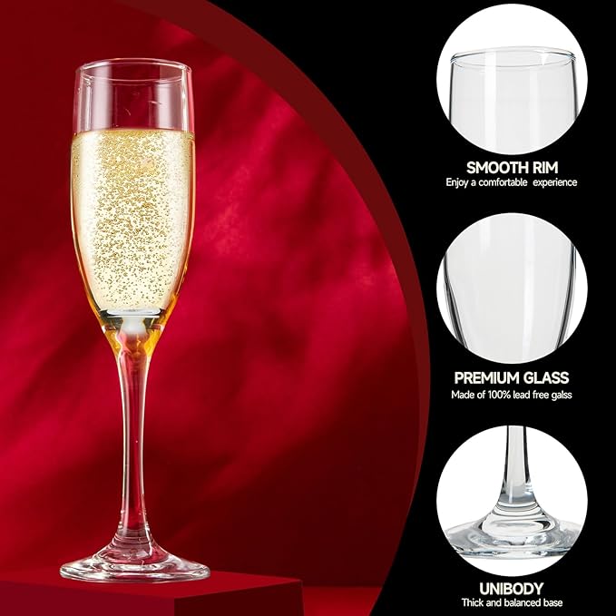 Champagne Glasses,Set of 4,Classic Shape,Hand Blown Elegant Unique Gift for Long stem Sparkling,Wine glasses for Wedding,Birthday Mother’s Day-Ideal for Wine Tasting,Daily Use-6.5 oz,Clear
