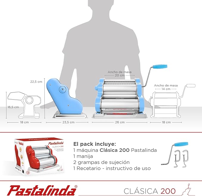 PASTALINDA Classic 200 Pasta Maker Machine, 20 cm Wide Rollers, 9 Thickness Positions, 2 Cutting Positions, Stainless Steel. Includes Reinforced Hand Crank And Two Clamps