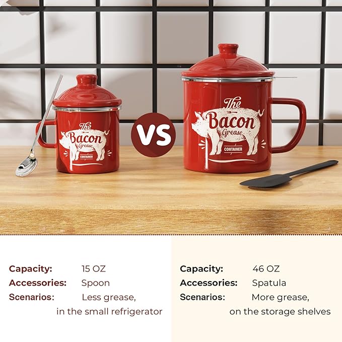 PGYARD Mini Bacon Grease Container With Strainer - 15OZ Enamel Grease Saver, Farmhouse Bacon Grease Keeper For Kitchen Fat Storage, Dishwasher Safe-Red