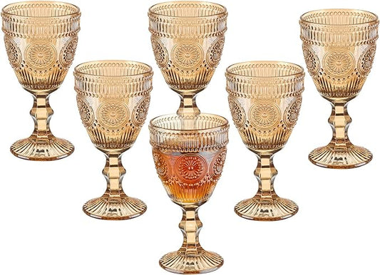 Vintage Wine Glasses Set of 6, 10 Ounces Colored Glass Water Goblets, Unique Flower Embossed Pattern High Clear Stemmed Glassware Wedding Party Bar Glass Drinking Cups Flower Amber Fancy Glasses