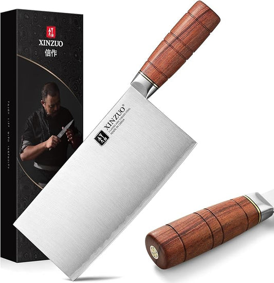 XINZUO 7.4 Inch Professional Chinese Chef Knife,Razor-Sharp Composite Stainless Steel Cleaver Kitchen Knife For Cutting Meat,Vegetable With Red Wood Handle