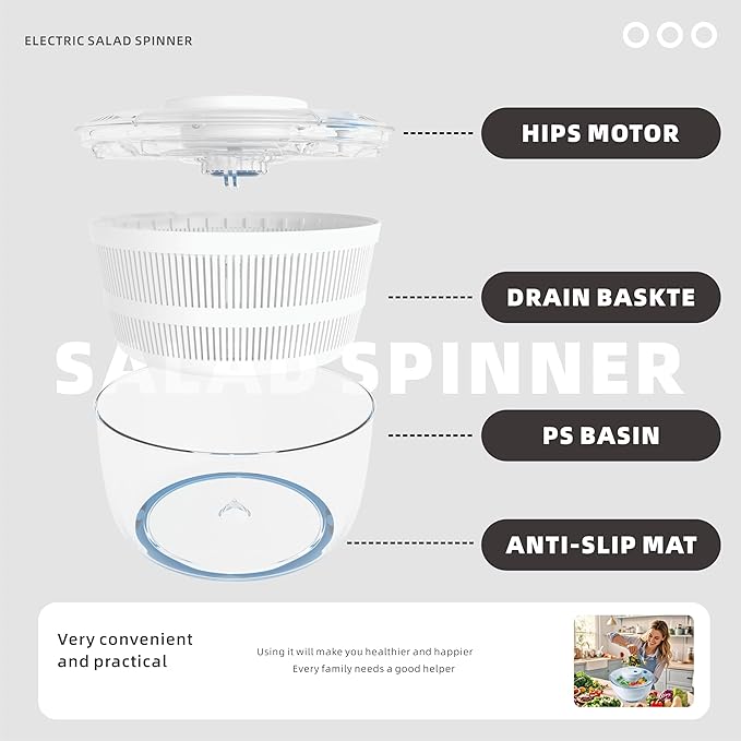 Electric Round Salad Spinner 4Qt – Hands-Free Drying with Large Capacity, Stable Balanced Spinning for Crisp Greens