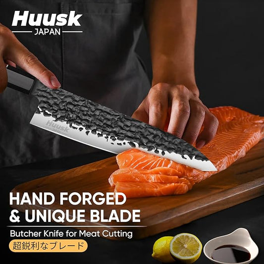 Huusk Japanese Gyuto Chef Knife - 8" Hand Forged Knives, 3 Layers 9CR18MOV High Carbon Kitchen Knife, Professional Sharp Cooking Knives with Ergonomic Handle for Meat, Vegetables, Fish