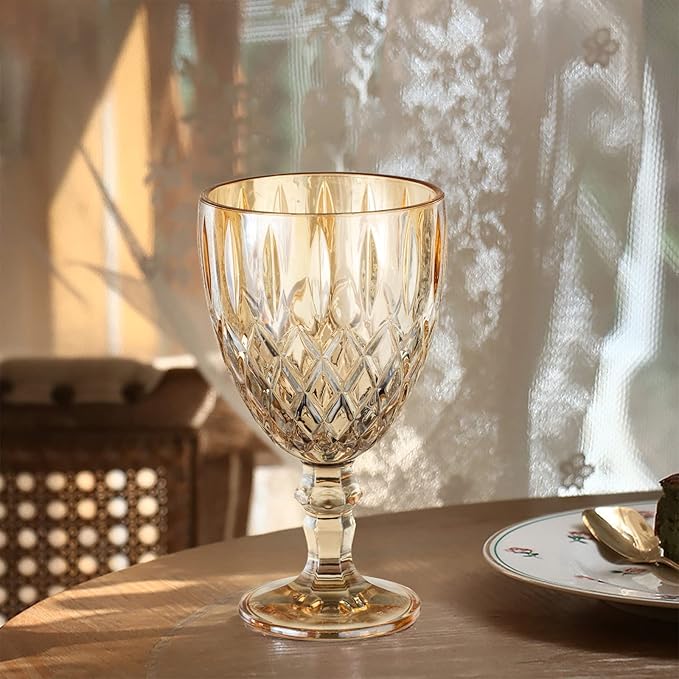 Vintage Wine Glasses Set of 6, 11 Ounces Colored Glass Water Goblets, Colorful Unique Embossed Pattern High Clear Stemmed Glassware Wedding Party Bar Glass Drinking Cups Amber Fancy Glasses
