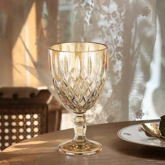 Vintage Wine Glasses Set of 6, 11 Ounces Colored Glass Water Goblets, Colorful Unique Embossed Pattern High Clear Stemmed Glassware Wedding Party Bar Glass Drinking Cups Amber Fancy Glasses