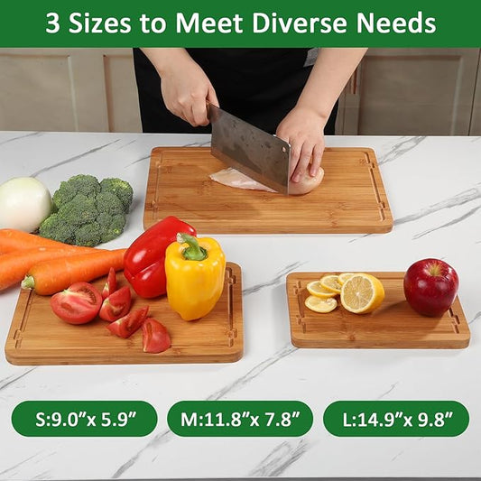 Bamboo Cutting Boards for Kitchen Meal Prep & Serving Set of 3, Wooden Chopping Boards with Juice Grooves & Handles for Meat, Vegetables Easy Clean Ideal Kitchen Gift for Home Cooks & Wedding