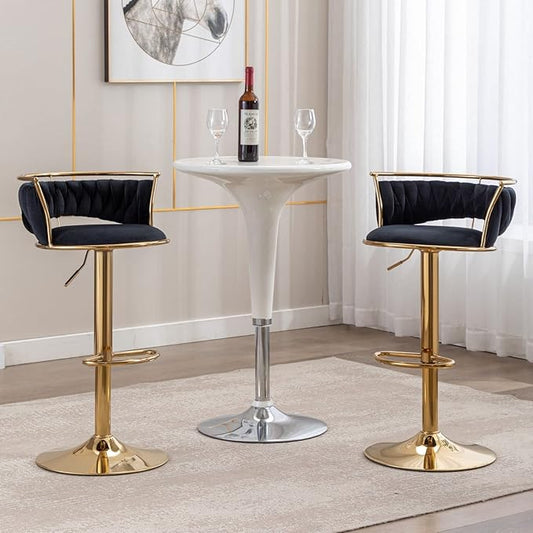 LukeAlon Velvet Adjustable Barstools Set of 4, Modern 360° Swivel Counter Stools with Golden Base Upholstered Open Back Tall Bar Chairs with Footrest for Home Kitchen, Black