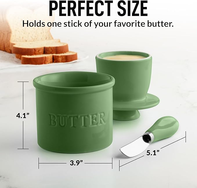 Zulay Kitchen Porcelain Butter Crock With Lid & Knife - Authentic French Butter Dish For Fresh & Spreadable Butter - Olive Green