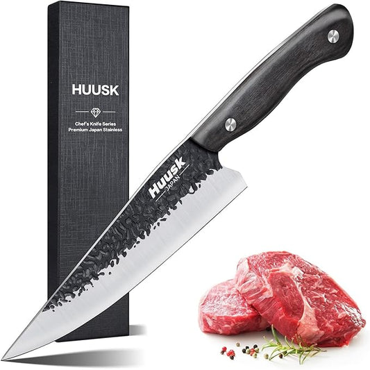 Huusk Chef Knife Japanese Kitchen - Hand Forged Viking Knife for Meat Cutting - Ideal Kitchen Knife Made From a Single Piece of High Carbon Steel - Full Tang Wooden Handle - Birthday Gift for Men