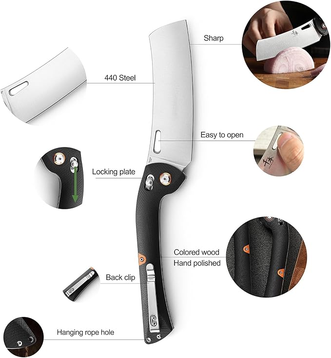 SENBON 440 Stainless Steel Super Sharp Pocket Folding Chef Knife - Peeling, Utility, Fruit Knife - G10 Handle - Camping, Barbecue, Outdoor - Clip, Portable