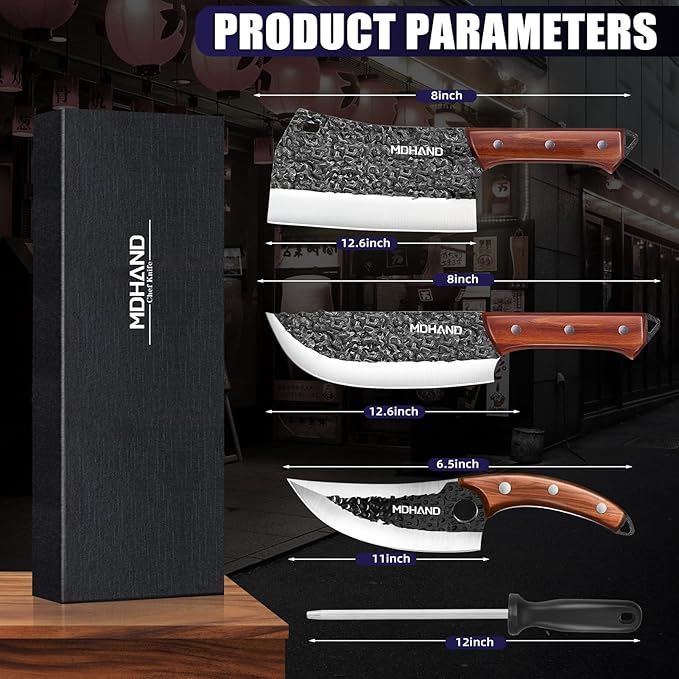 MDHAND Butcher Knife Set, 4PCS Butcher Cleaver Knife Set for Meat Cutting, Hand Forged Viking Knives Sets with Meat Cleaver, Heavy-Duty Kitchen Knives Sets for Bone BBQ Vegetable, Knives Gift for Men