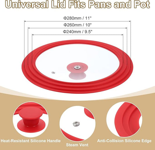 uxcell 1Pcs Universal Lid for Pot Fit 9.5, 10, 11 Inch Diameter Cookware, Replacement Pan Lids with Heat Resistant Silicone Rim, Steam Vent Pan Lid for Pots, Frying Pans, Skillets, Red