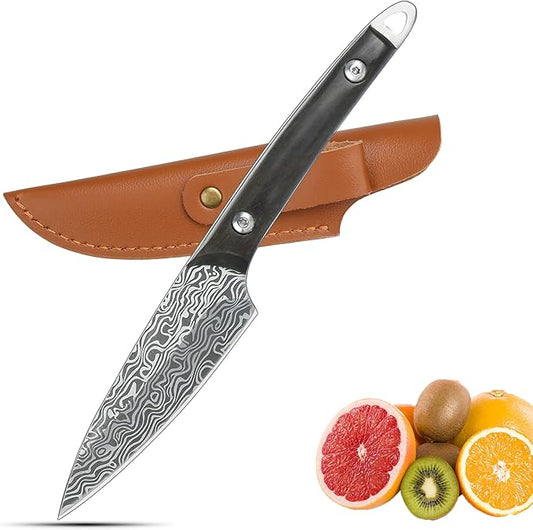 WILDMOK Fruit Knife Paring knives Stainless Steel 3.3 Inch Utility Knife Fruit and Vegetable Cutting Carving Kitchen Knife with Leather Case (B)