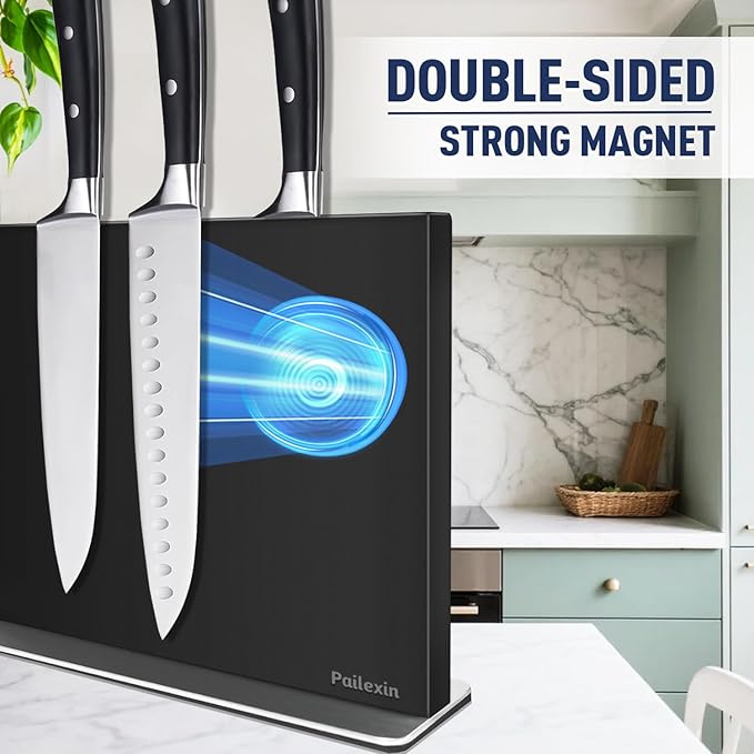 Magnetic Knife Block Without Knives—Black Stainless Steel Double-Sided Magnetic Knife Holder Stand with Strong Magnets, Knife Storage Organizer for Kitchen Counter top, 16.5 inch