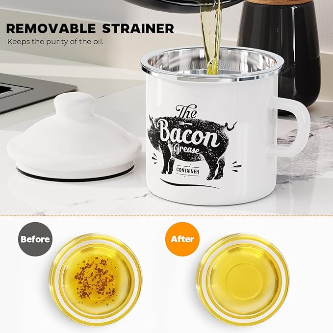 PGYARD Mini Bacon Grease Container With Strainer - 15OZ Enamel Grease Saver, Farmhouse Bacon Grease Keeper For Kitchen Fat Storage, Dishwasher Safe-White