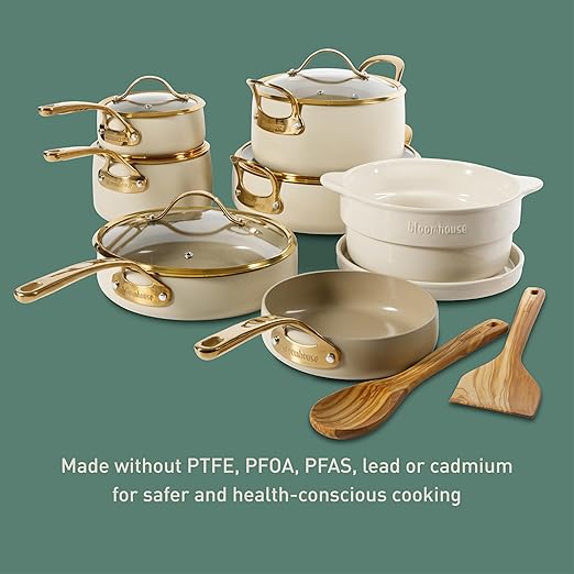 bloomhouse 15 Piece Pots and Pans Heavy Duty Aluminum Premium PFA Free Ceramic Nonstick Cookware Set - Almond Cream w/Gold Handle