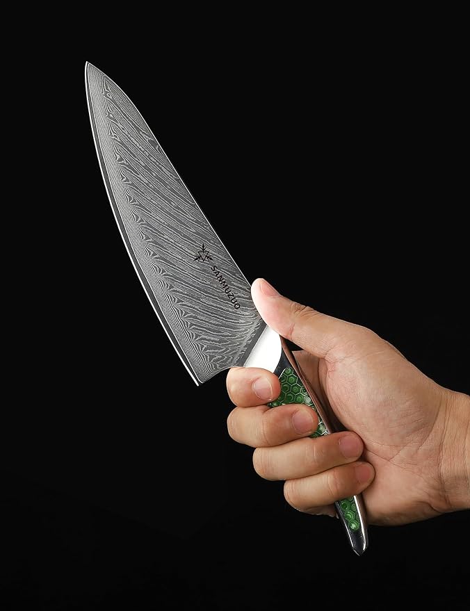 8 inch Chef Knife, Japanese VG-10 Damascus Steel Kitchen Knife, Ultra Sharp Cooking Knife with Full-tang Handle in Green Resin, LA-S9 Series