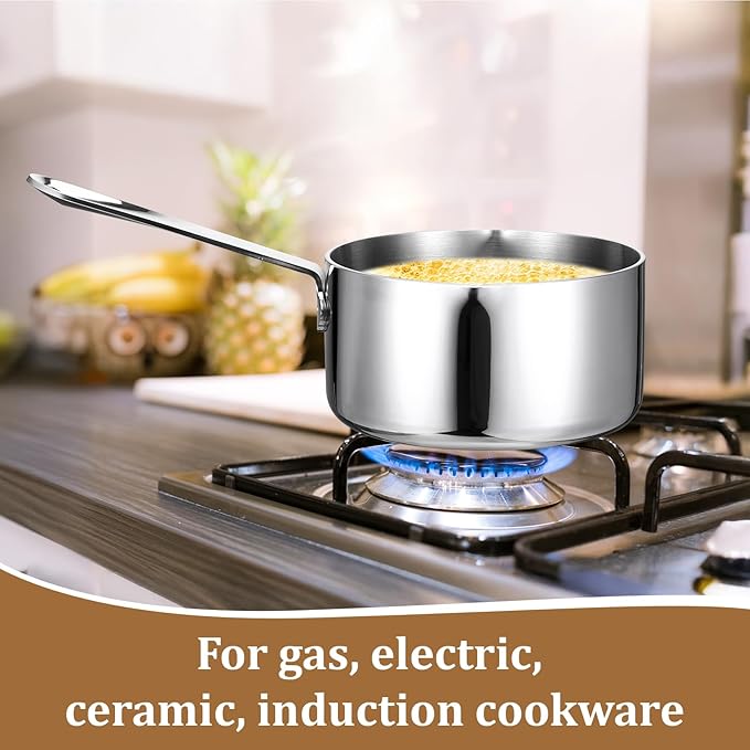 Stainless Steel Butter Warmer Measuring Pan 20 OZ Small Sauce Pan 18/10 Tri-Ply Stainless Steel Saucepan with Dual Pour Spouts, 0.63 Quart