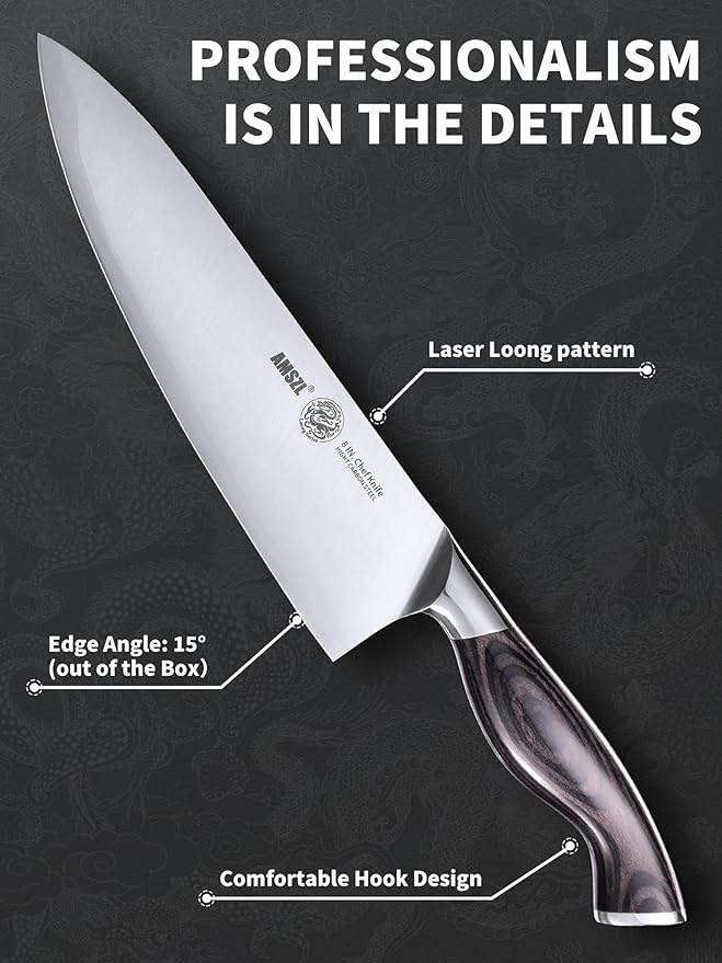 LOONG 8 inch Chef Knife, 9Cr18MoV High Carbon Steel Kitchen Knife, Ultra Sharp & Durable, Ergonomic Brown PakkaWood Handle