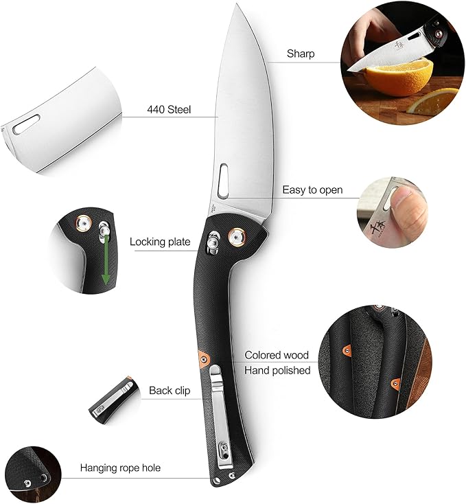 SENBON 440 Stainless Steel Super Sharp Pocket Folding Chef Knife - Peeling, Utility, Fruit Knife - G10 Handle - Camping, Barbecue, Outdoor - Clip