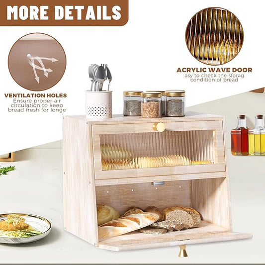 Vintage Double Layer Bread Box for Kitchen Countertop,Large White Bread Boxes Wooden Breadbox Bread Storage Container Bin Bread Holder(Vintage White)