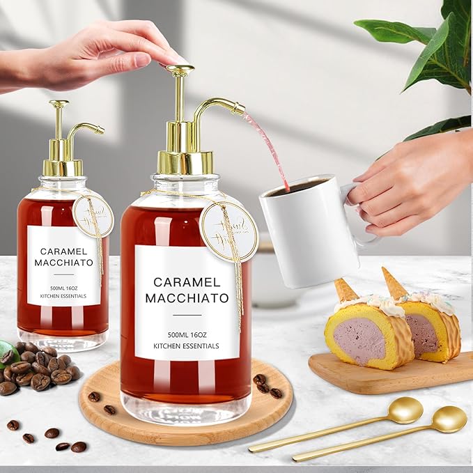 Coffee Syrup Dispenser for Coffee Bar, Set of 4 Simple Glass Syrup Bottle w. Labels and Coffee Scoop, 16.9 oz 500ml Coffee Syrup Pump Dispenser, Coffee Bar Accessory Syrup Dispenser w. Golden Pump