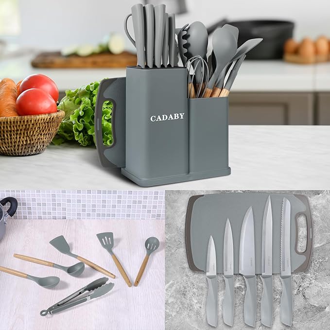 19 PCS Kitchen Cooking Utensils Set, 11 Pieces Silicone Cooking Utensils Set 6 Pieces Sharp Stainless Steel Gray Knife Set with 1 Piece Cutting Board, Ideal for Apartment