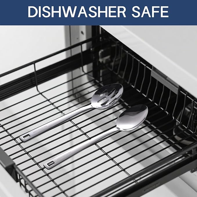 18/8 Stainless Steel Cooking Spoons Set - 2-Piece Solid Slotted Serving Spoon Cooking Utensils set for Pasta, Veggies, Salads (Dishwasher-Safe)