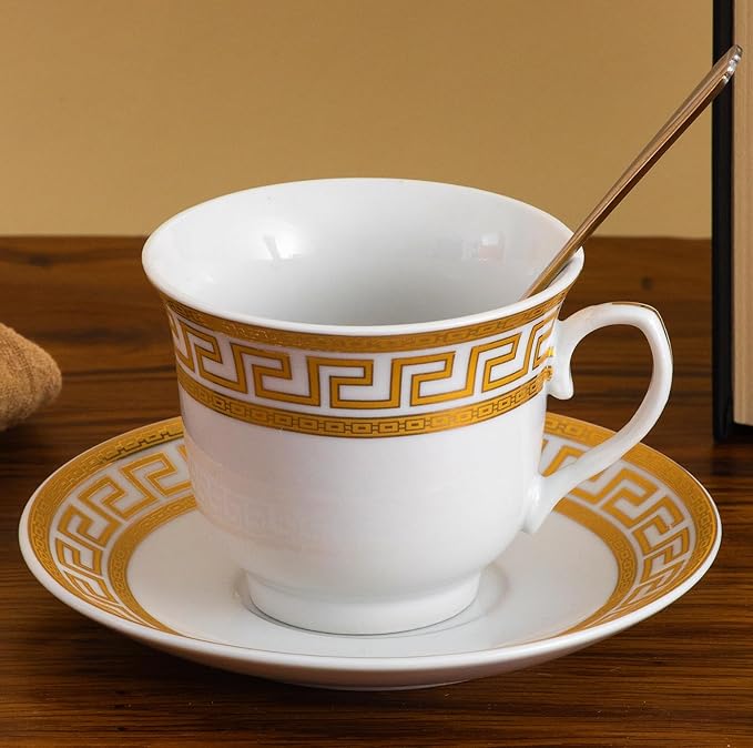 Porcelain Tea Cup and Saucer Set - 4 Piece Vintage Tea Set - White with Gold Greek Key Design - 5.5 Inch Saucers, 6.5 oz Cups - For TeaParties, Cappuccino, Home Decor (Meander Gold 3004, 4 Piece)