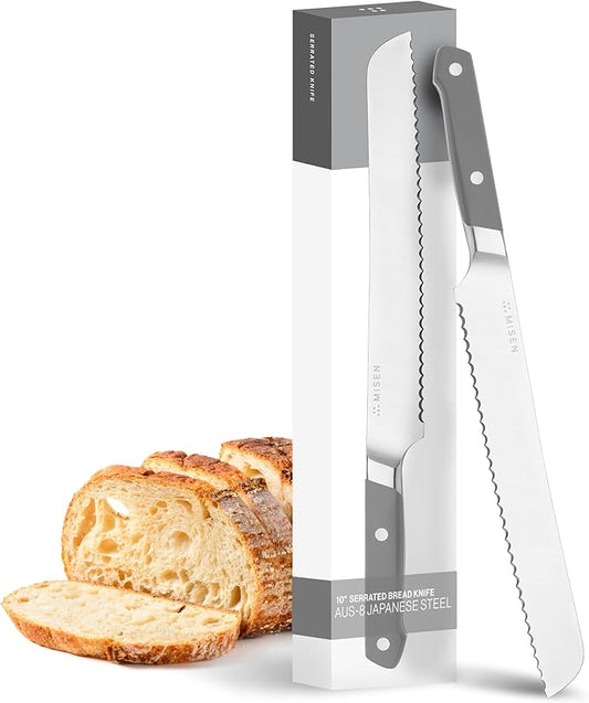 Misen Serrated Bread Knife – High-Carbon Japanese AUS8 Steel – Effortless Slicing of Bread, Pastries, and Fruits – Razor-Sharp Edge and Durable Blade with Ergonomic Handle - 10", Gray