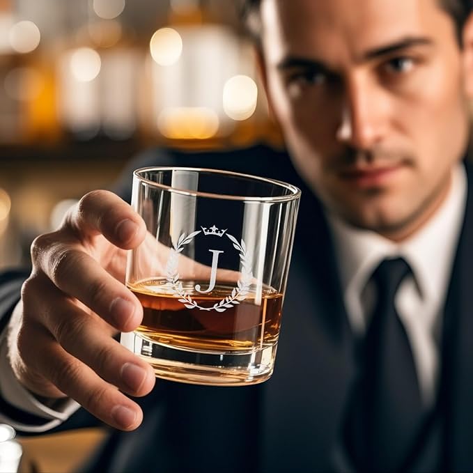Personalized Whiskey Glasses Gifts for Men, Monogrammed Engraved A-Z 10.6 oz Rocks Glass Customized Gift, Unique Christmas Birthday Gifts for Men Him Dad Husband Brother Son (J)