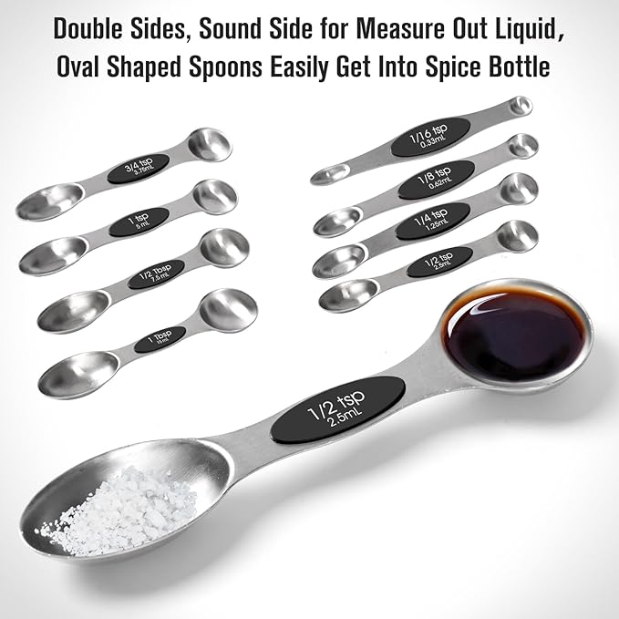 Magnetic Measuring Cups and Magnetic Measuring Spoons Set of 16, Heavy Duty 304 Stainless Steel Cups and Spoons (Black)
