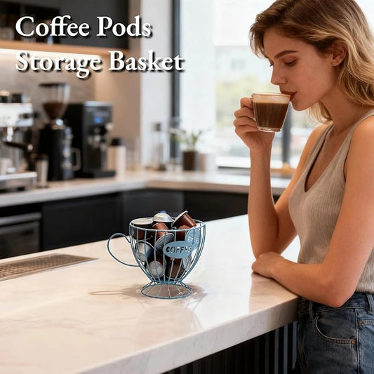 Metal Coffee Pod Holder Wire Coffee Pods Storage Basket Espresso Capsule Storage for Home Kitchen Cafe Hotel (08 Blue cup)