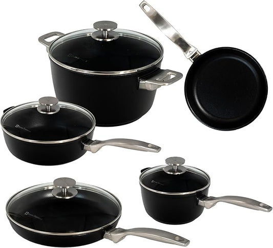 Swiss Diamond Pots and Pans Set Non Stick, Nonstick Hybrid Ceramic and Diamond-Infused, Glass Lids, PFAS- and PFOA-free Cookware Set, Dishwasher & Oven Safe Up To 500 °F, 9 Pieces