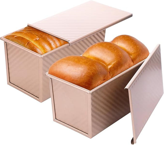 2 Pcs Pullman Loaf Pan with Lid, Non-Stick Rose Gold Bread Loaf Pans for Homemade Bread 1 lb Carbon Steel Bread Toast Box with Cover for Bakeware Bread Toast Oven Baking