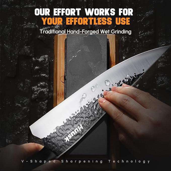 Huusk Chef Knife Japanese Kitchen - Hand Forged Viking Knife for Meat Cutting - Ideal Kitchen Knife Made From a Single Piece of High Carbon Steel - Full Tang Wooden Handle - Birthday Gift for Men