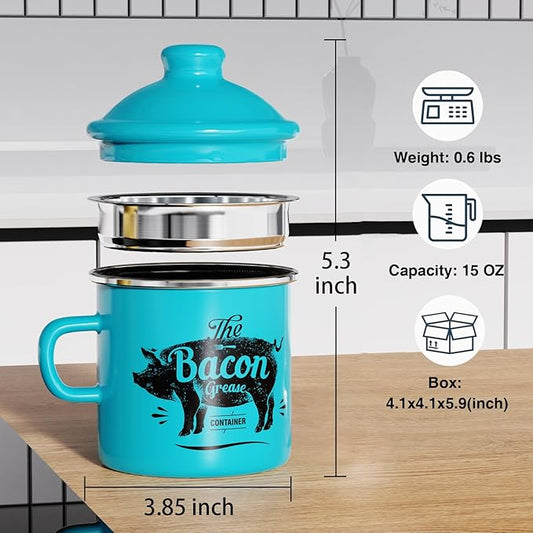 PGYARD Mini Bacon Grease Container With Strainer - 15OZ Enamel Grease Saver, Farmhouse Bacon Grease Keeper For Kitchen Fat Storage, Dishwasher Safe-Light Blue