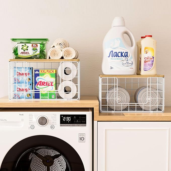 2 Pack Trash Bag Dispenser, Trash Bag Holder with Bamboo Top, Garbage Bag Dispenser, Storage Stackable for Kitchen Laundry Organizers Countertop Organization, White