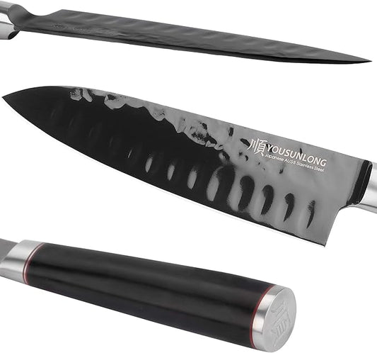 YOUSUNLONG Santoku Knife - 7 Inch Kitchen Knife Chef Knife -Japanese AUS8 Black Titanium Nitride Coated Steel - Natural Leadwood Handle