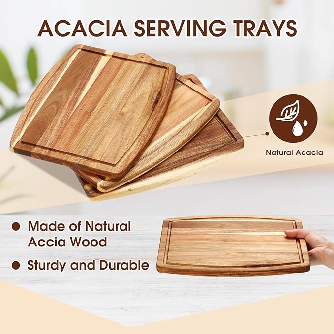Kigley 10 Pcs Acacia Wood Cutting Boards Bulk for Laser Engraving Wooden Dinner Plates with Groove Chopping Charcuterie Board Carving Tray for Housewarming Party Gifts (10 x 12 Inch)