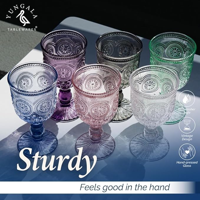 Yungala Colored Wine Glasses set of 6 colorful glass goblets made from Solid glass colors, colorful wine glasses are 100% dishwasher safe, multi colored wine goblets are hand crafted