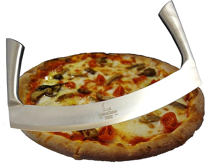 Mezzaluna Knife (Pizza Cutter) Vegetable Chopper for Chopped Salad, Industrial Pizza Rocker Knife (14 Inch Blade)