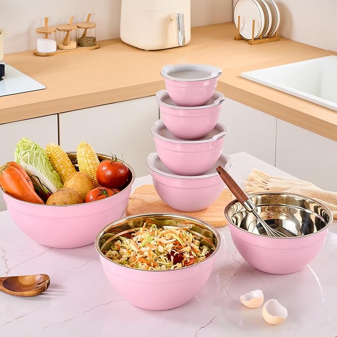 Pink Mixing Bowls with Airtight Lids, Stainless Steel Nesting Mixing Bowls Set of 7, Ideal for Baking, Prepping and Serving Food, Size 7, 3.6, 2.7, 2.1, 1.5, 1.1,0.8 QT, Stackable Design