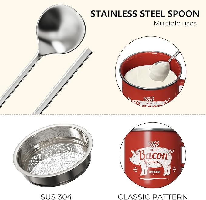 PGYARD Mini Bacon Grease Container With Strainer - 15OZ Enamel Grease Saver, Farmhouse Bacon Grease Keeper For Kitchen Fat Storage, Dishwasher Safe-Red
