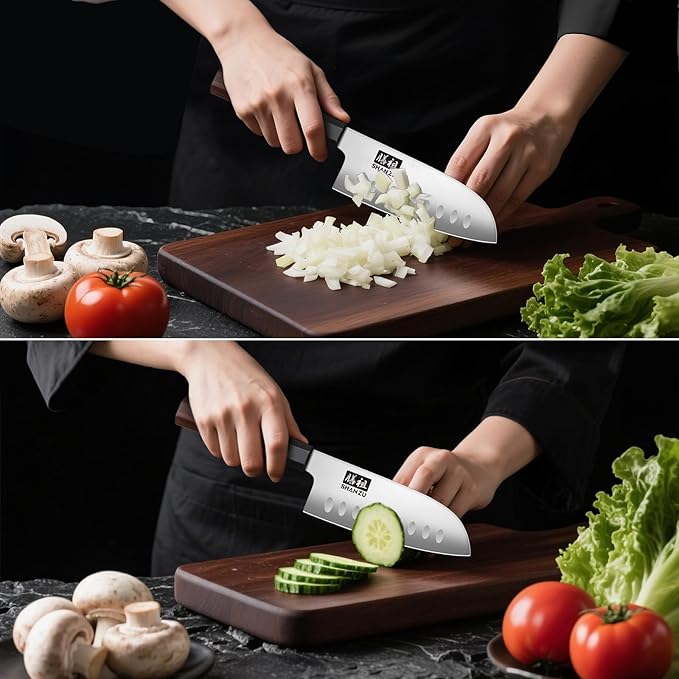 SHAN ZU 5 Inch Santoku Knife for Small Hands, Japanese High Carbon Steel Kitchen Knife, Multi-function Mini Size Sharp Chef Knives with Ergonomic Red Sandalwood Handle, Sashimi Knives